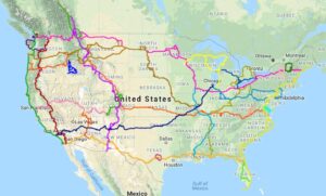 A google map of the United States overlain with Adventure Cycling routes