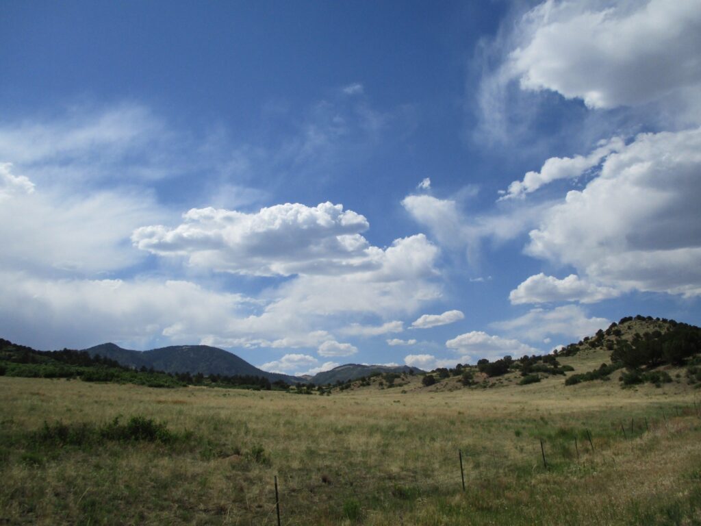 A view up a valley with foothills of the Rocky Mountains in the background.