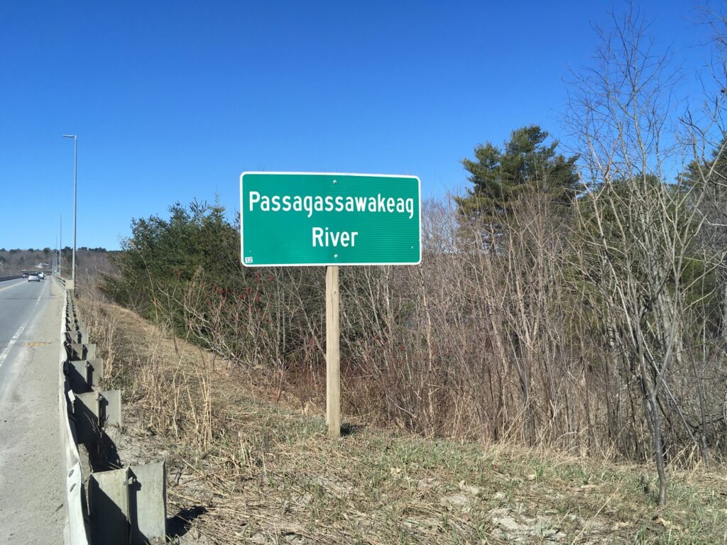 A road sign announcing the Passagawakeag River.