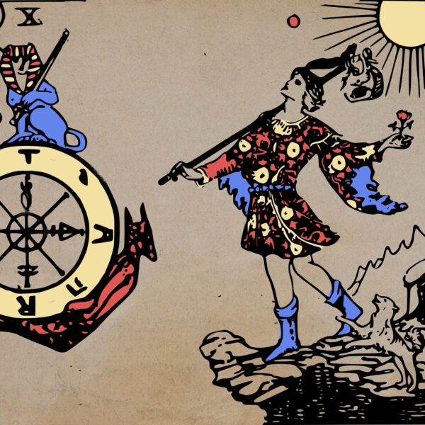 A composite image of two tarot cards, the wheel of fortune and the fool.