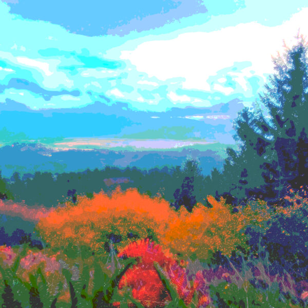A colorful view of shrubs, trees in the fore ground with clouds, mountains and a body of water in the distance.