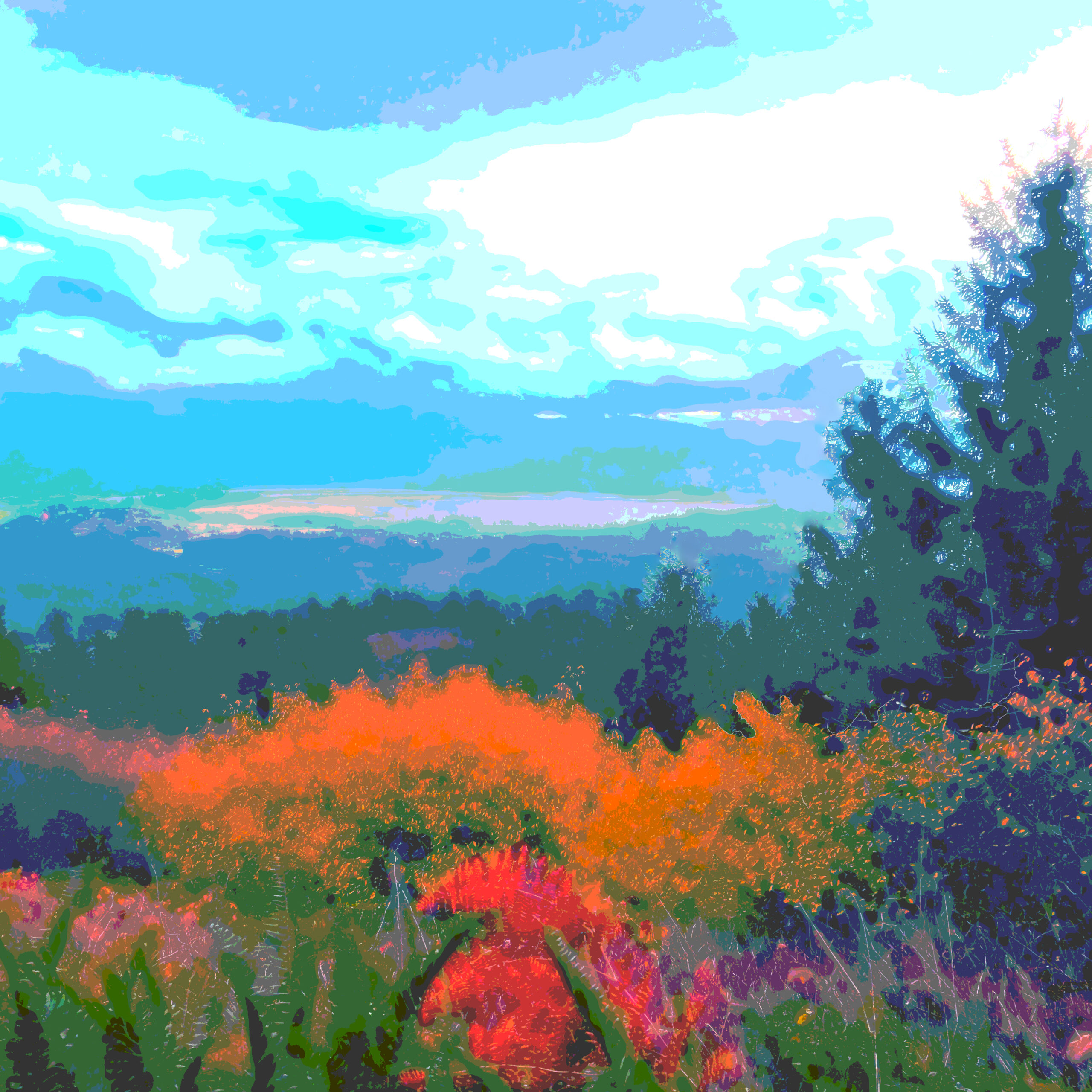 A colorful view of shrubs, trees in the fore ground with clouds, mountains and a body of water in the distance.