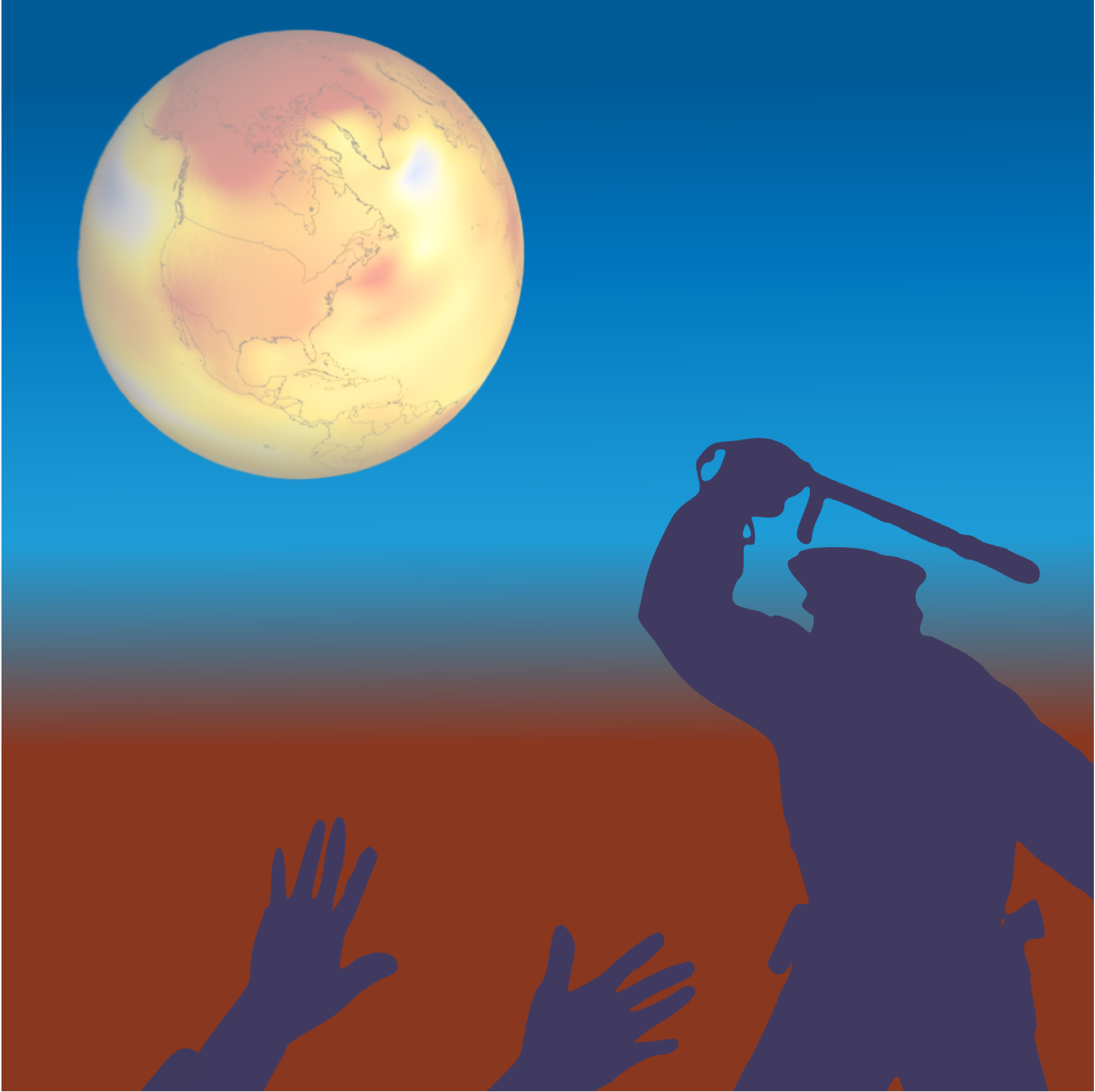 A silhouette of a police officer raising a baton in the act of beating a person on the ground. We see the silhouette of their pleading hands. In the sky is a the Earth red and yellow with global heating.