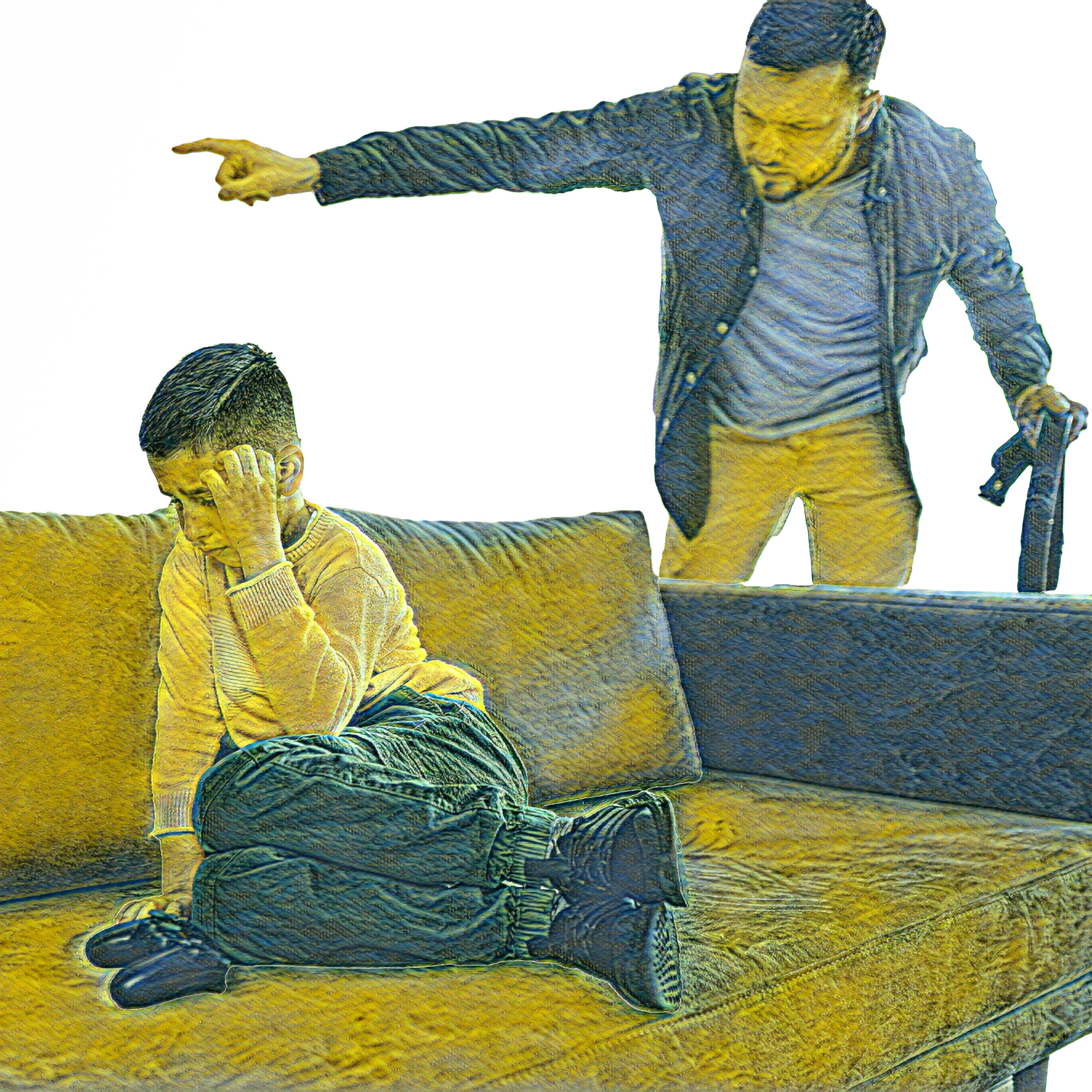 A boy is curled up on a sofa with his back to a man behind him at the end of the sofa. The man is pointing out of the room they may be in and is holding a belt with his other hand.